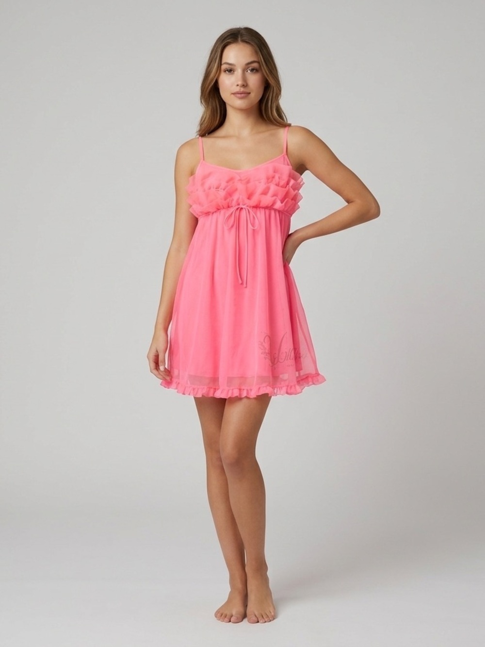 Vintage 60s Fluoro Pink Nylon Chiffon Babydoll Nightie - XS